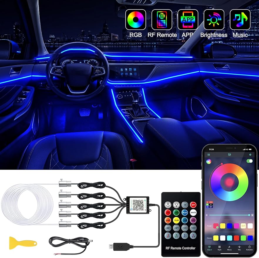 Interior Car LED Strip Lights with Wireless APP and Remote Control, RGB 5 in 1 Ambient Lighting Kits